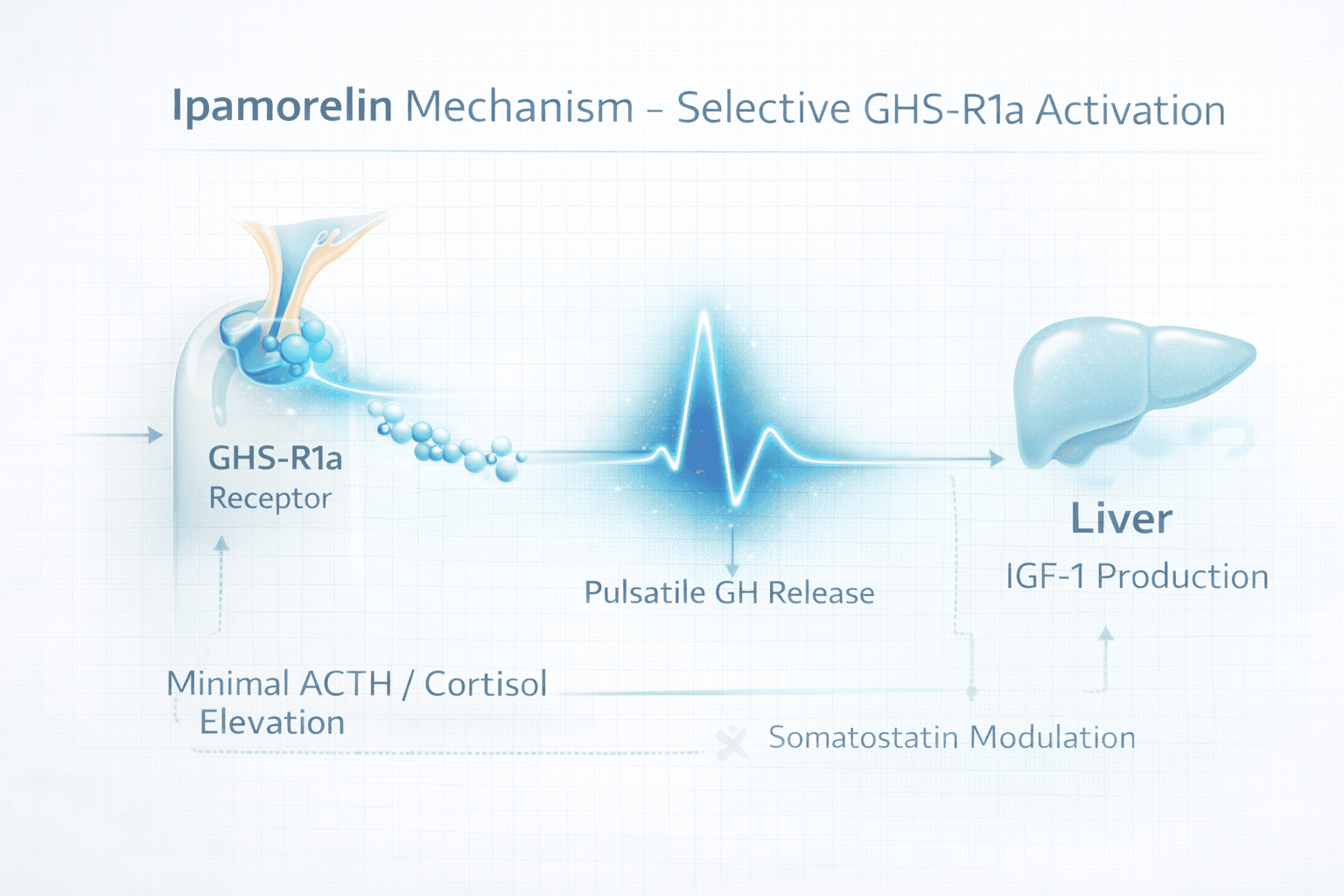 Infographic illustrating Ipamorelin mechanism through GHS-R1a receptor activation, pulsatile GH signaling, somatostatin modulation, and downstream IGF-1 pathway effects.