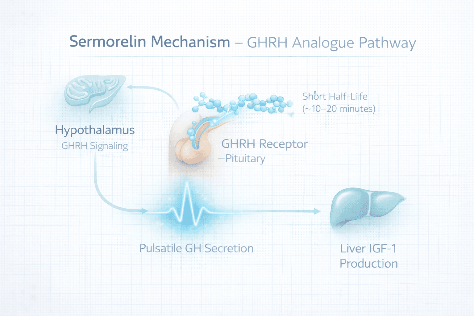Mechanism infographic illustrating Sermorelin activation of pituitary GHRH receptors, cAMP signaling, somatostatin feedback, and pulsatile growth-hormone release.