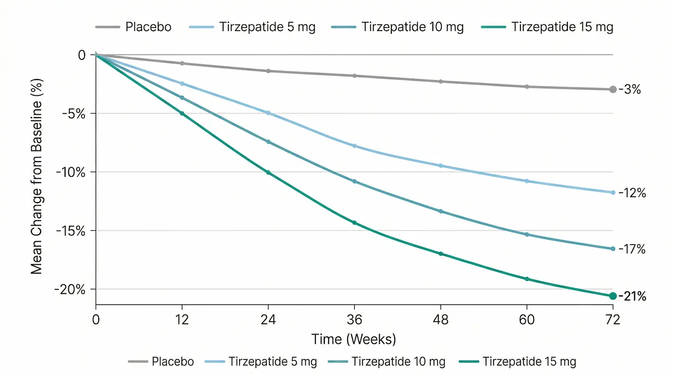 Minimalist line graph illustrating average percent body weight loss over time for Tirzepatide across key SURMOUNT trial dose groups with clean labels and high-contrast clinical styling on a white background.