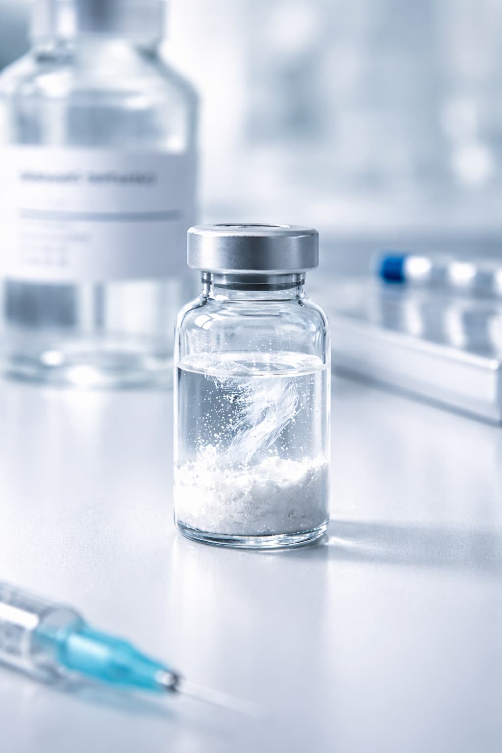 Close-up of a peptide vial dissolving on a bright sterile lab surface