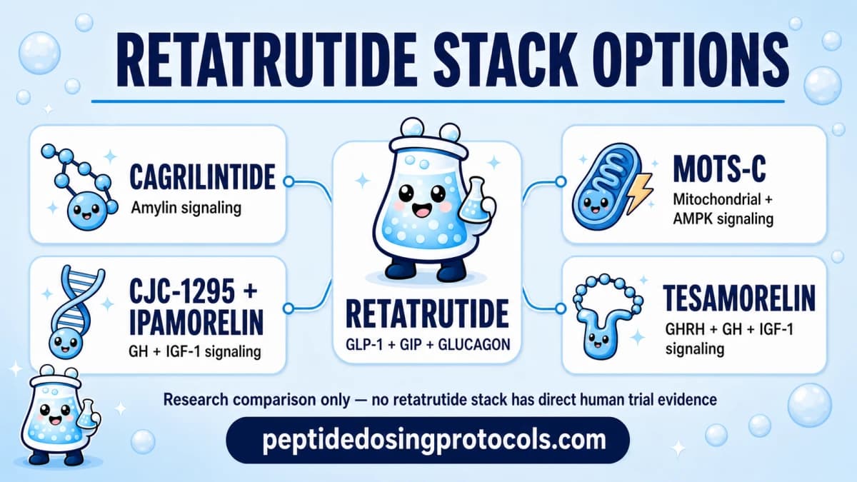 Retatrutide Stack Options infographic comparing cagrilintide, MOTS-C, CJC-1295 with ipamorelin, and tesamorelin by added pathway
