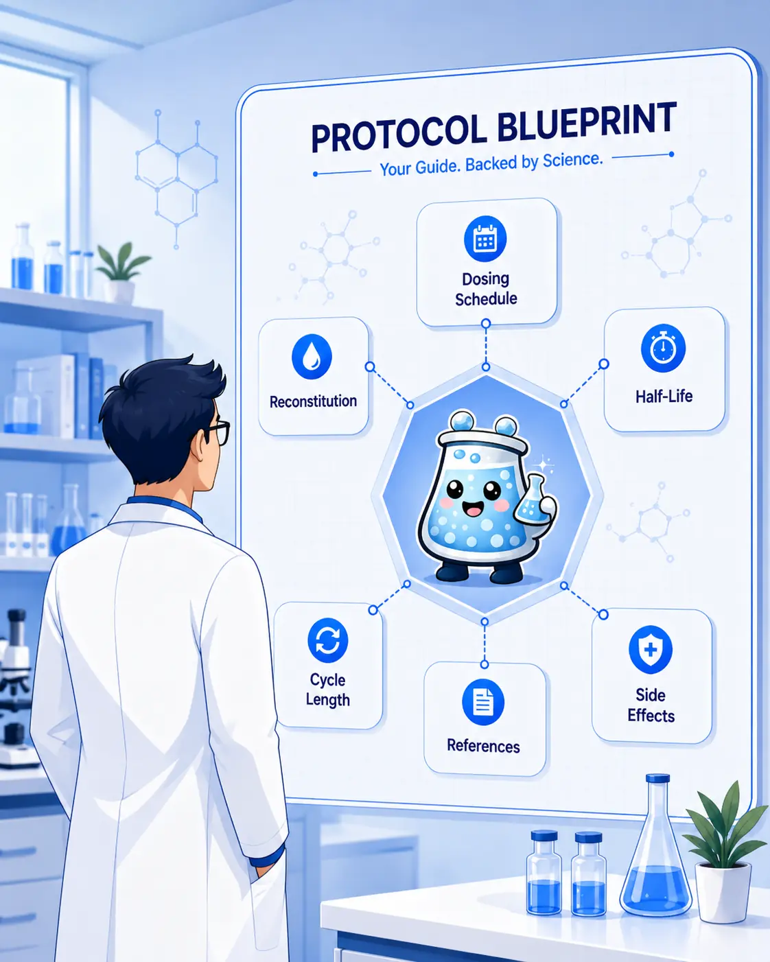 Peptide dosing protocols blueprint showing schedule, reconstitution, half-life, side effects, and references