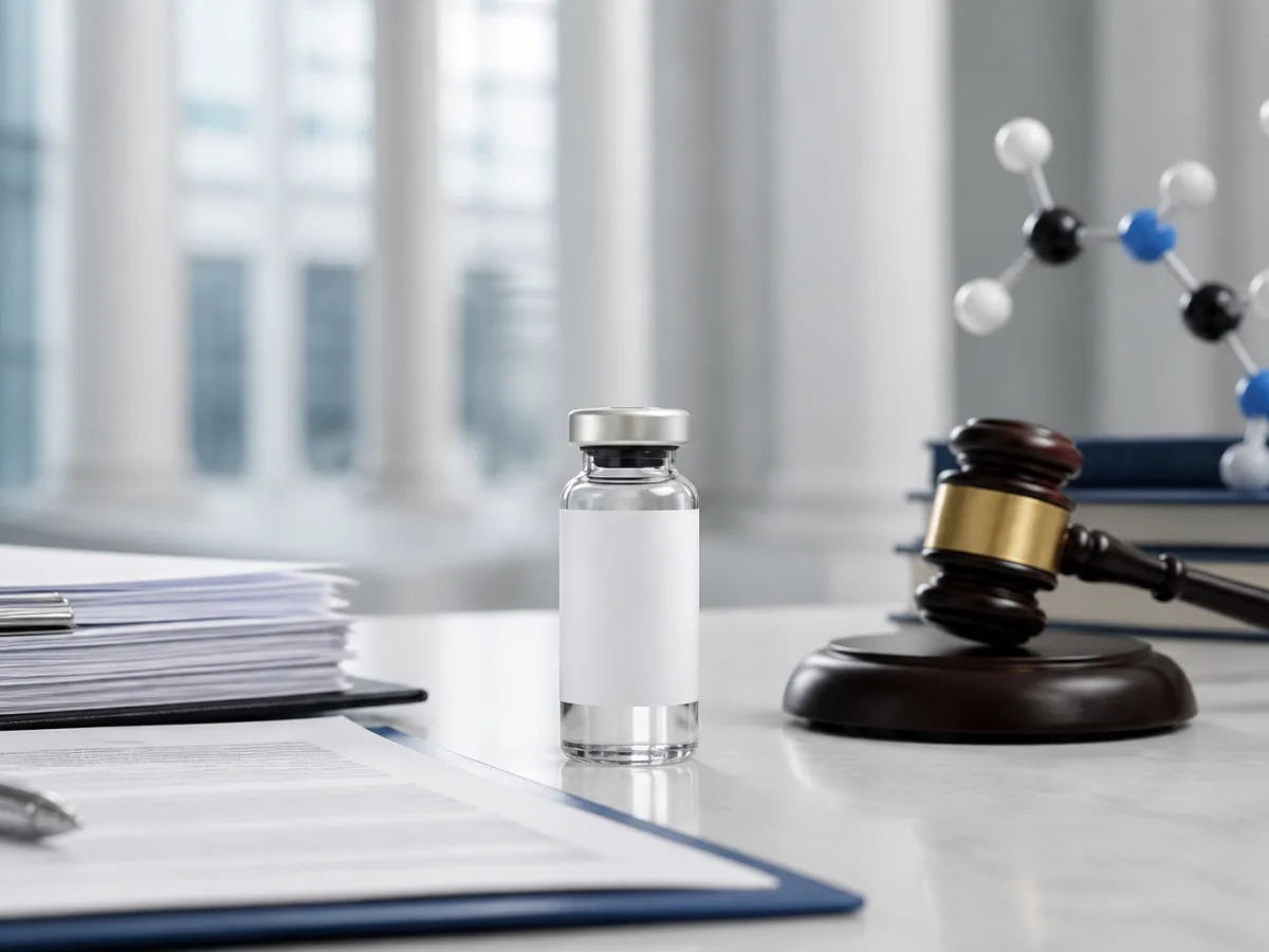 Unmarked peptide vial beside legal documents and a judge's gavel