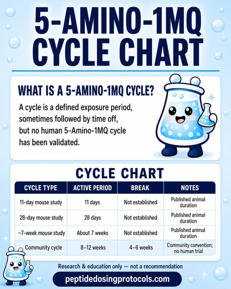 5-Amino-1MQ cycle chart comparing 11-day, 28-day, and about 7-week mouse study durations with a community-reported 8- to 12-week cycle and 4- to 6-week break.