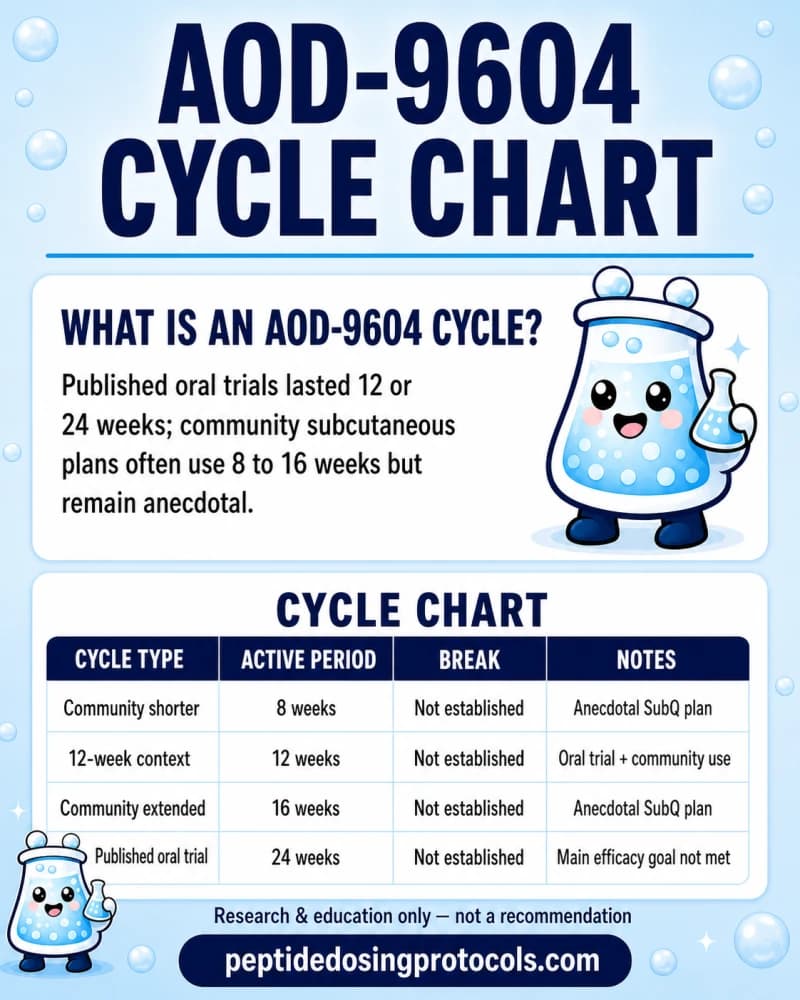 AOD-9604 cycle chart comparing anecdotal 8- and 16-week community schedules with published 12- and 24-week oral trial timelines.