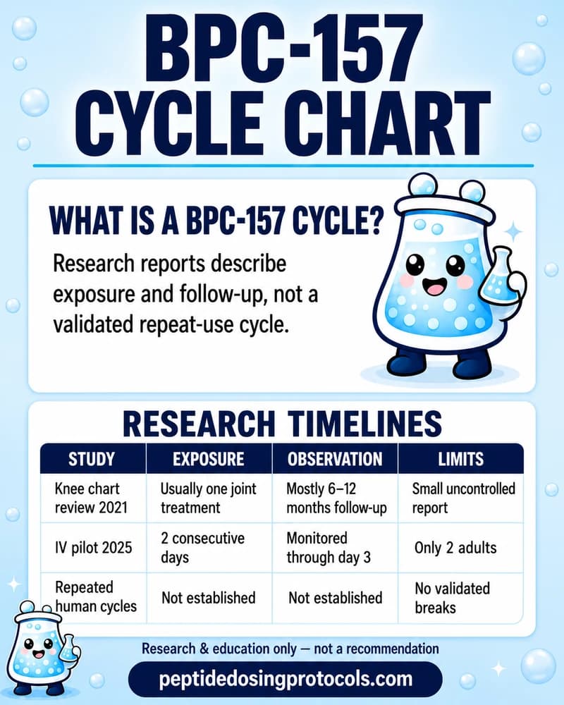 BPC-157 research timelines: a knee chart review usually involved one treatment with follow-up mostly 6–12 months later; a two-adult IV pilot used two infusion days with monitoring through day 3. Repeated human cycles and breaks are not established.