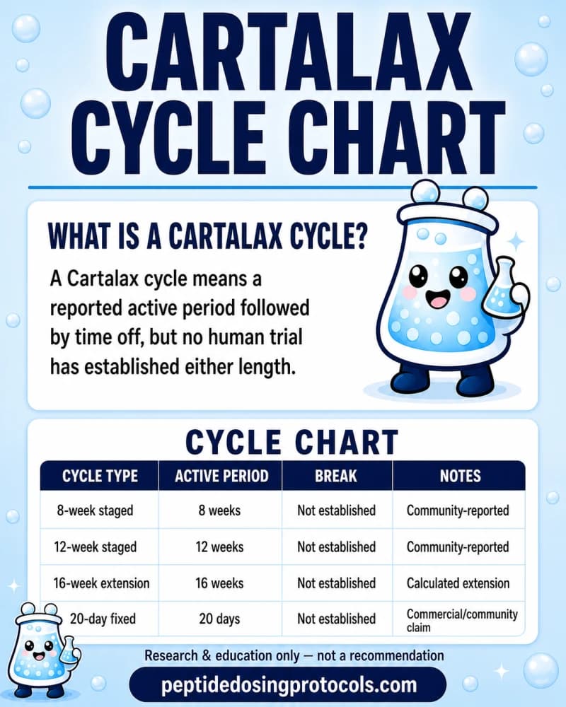Cartalax cycle chart comparing community-reported 8- and 12-week schedules, a calculated 16-week extension, and a separate 20-day schedule.
