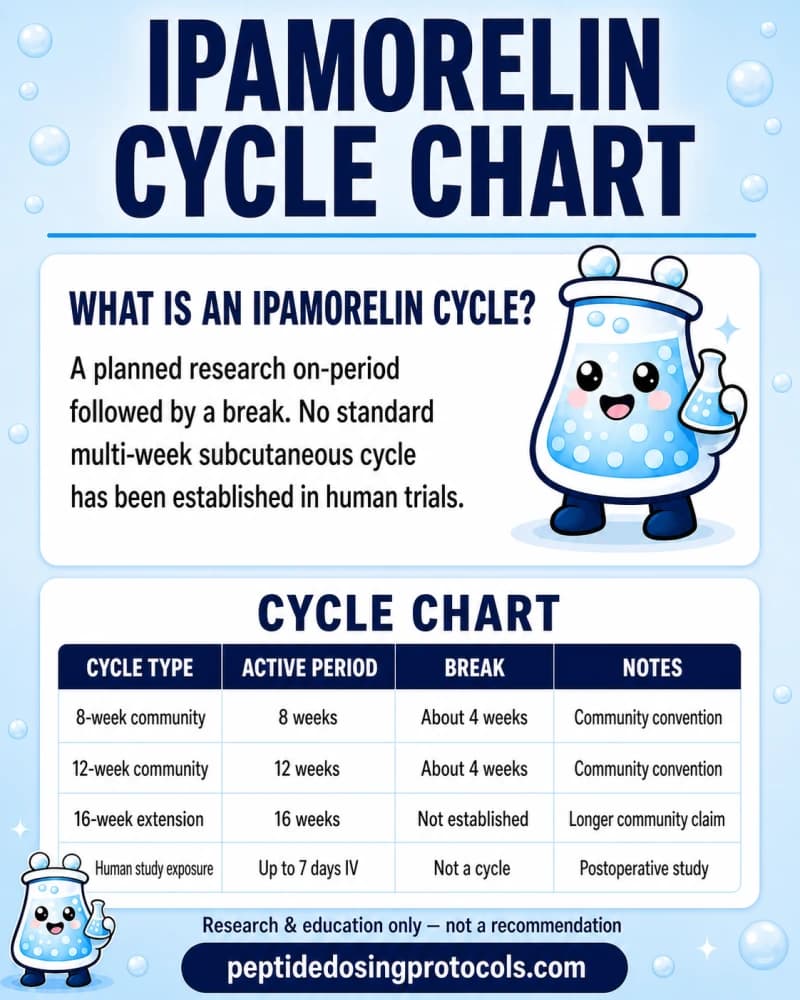 Ipamorelin cycle chart comparing 8-week, 12-week, and 16-week community schedules with short intravenous human-study exposure.