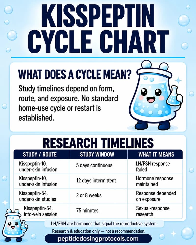 Kisspeptin research chart separating KP-10 subcutaneous infusions lasting five or twelve days, KP-54 subcutaneous studies lasting two or eight weeks, and a 75-minute KP-54 intravenous session.