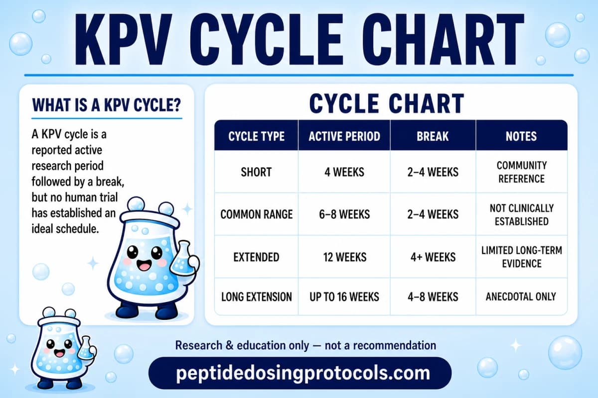 KPV cycle chart comparing community-reported 4-, 6- to 8-, 12-, and 16-week active periods with reported breaks and evidence limits.