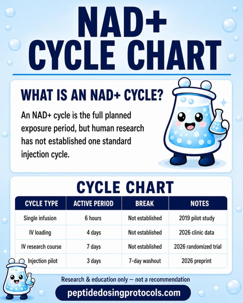 NAD+ cycle chart comparing a single six-hour infusion, four- and seven-day IV research schedules, and a three-day injection pilot with a seven-day washout.