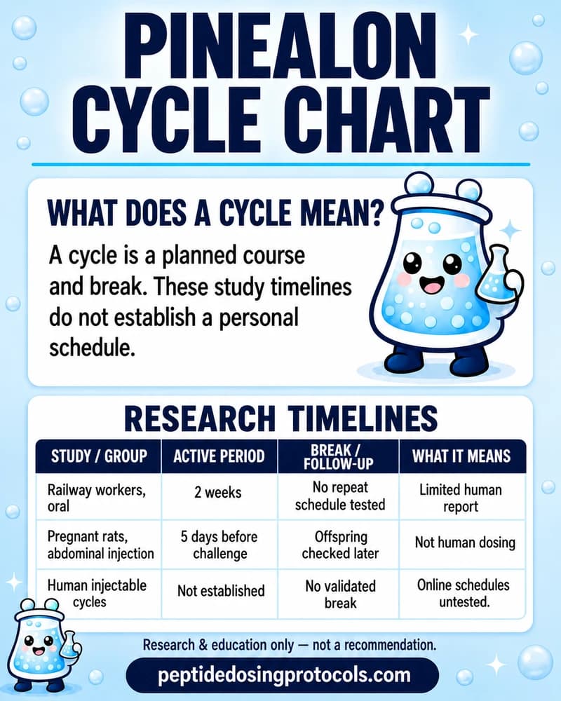 Pinealon research timelines: two weeks of oral use in a limited railway-worker report, five days of abdominal-cavity injection in pregnant rats before an experimental challenge, and no established human injectable cycle or break.
