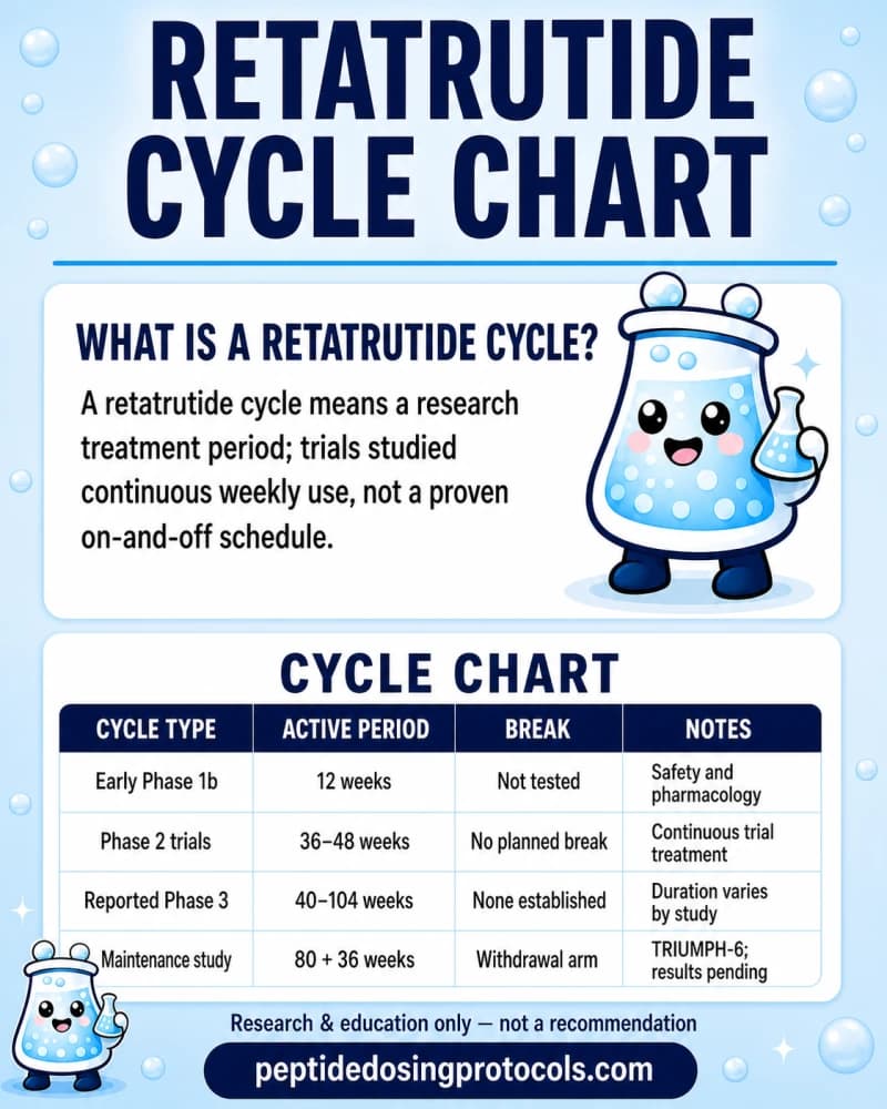 Retatrutide cycle chart comparing the 12-week Phase 1b study, 36- to 48-week Phase 2 trials, 40- to 104-week Phase 3 timelines, and the TRIUMPH-6 maintenance design.