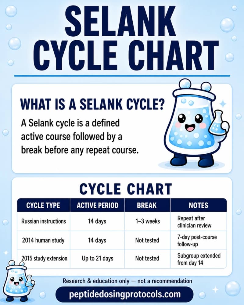 Selank cycle chart comparing the 14-day Russian intranasal instructions, a 14-day human study, and a 21-day study extension with evidence-specific break notes.