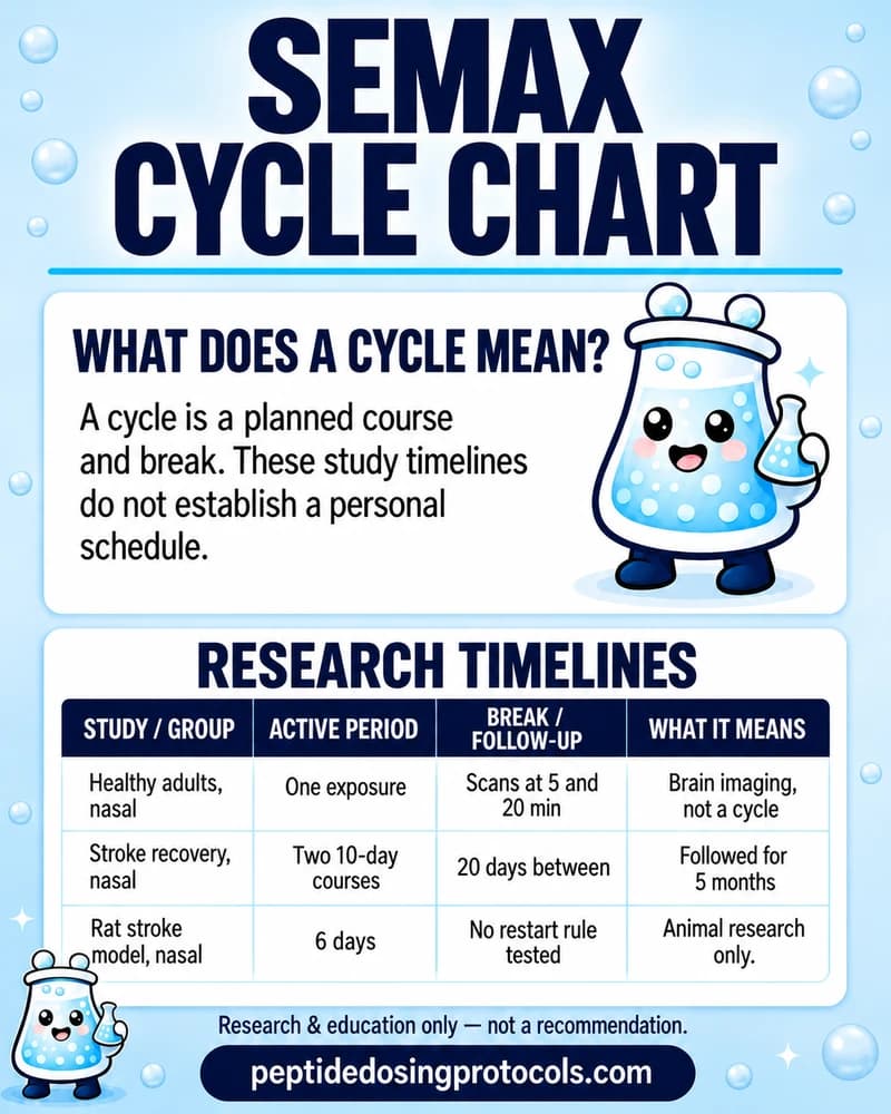 Semax research timelines: one nasal exposure with scans at 5 and 20 minutes, two 10-day nasal courses separated by 20 days in stroke recovery, and 6 days in a rat stroke model. Not personal cycle recommendations.