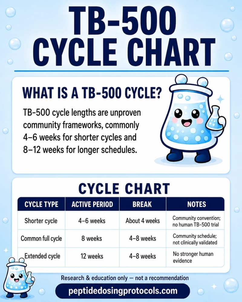TB-500 cycle chart comparing 4- to 6-week, 8-week, and 12-week community schedules, breaks, and evidence limits.