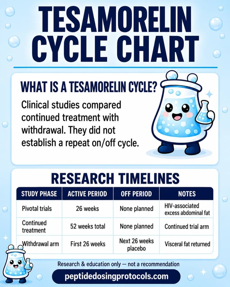 Tesamorelin research timeline: 26 weeks of daily treatment, followed by 26 weeks of continued treatment or placebo. These are study periods, not recommended cycles.