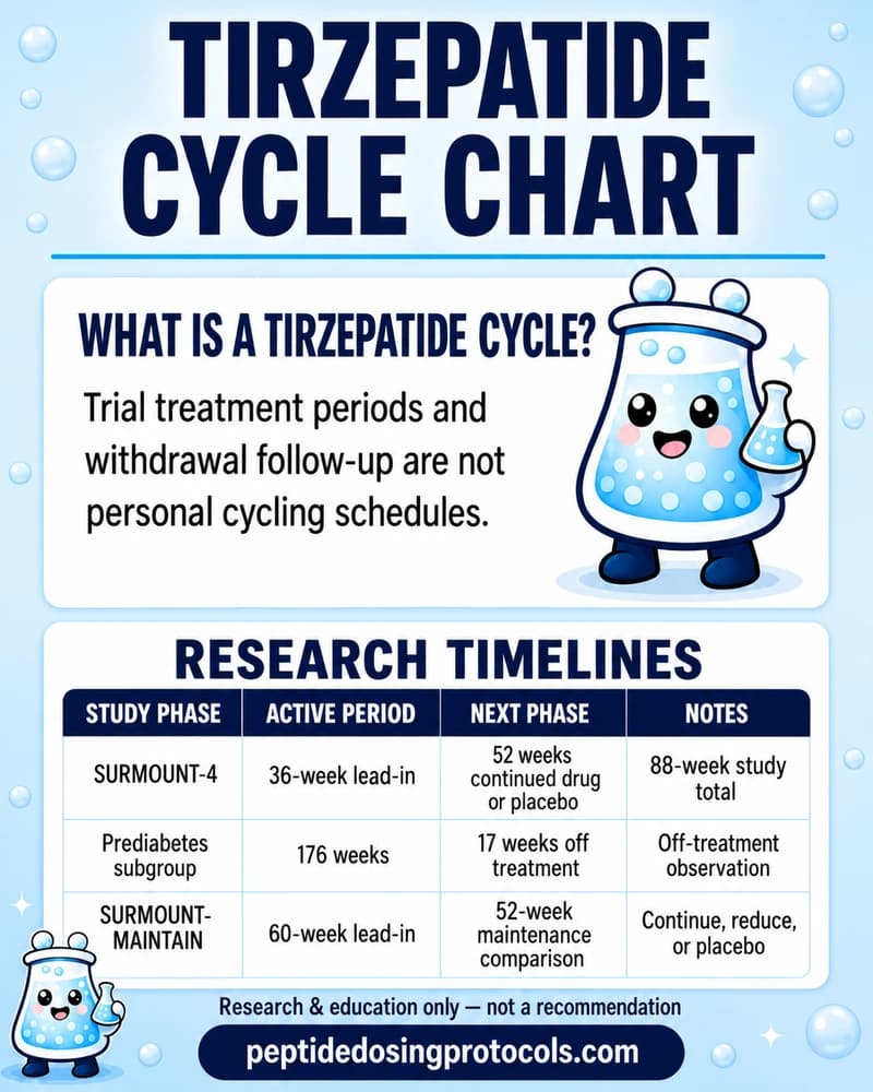 Tirzepatide research timelines for SURMOUNT-4, the SURMOUNT-1 prediabetes subgroup, and SURMOUNT-MAINTAIN, with active treatment, withdrawal, and follow-up labeled separately.