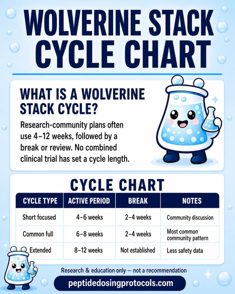 Wolverine Stack cycle chart comparing 4-6, 6-8, and 8-12 week community schedules, breaks, and evidence notes.