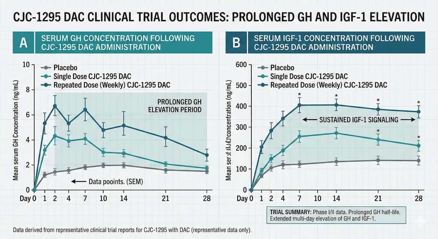 Clinical chart summarizing CJC-1295 DAC trial outcomes with prolonged GH and IGF-1 elevation over multiple days.