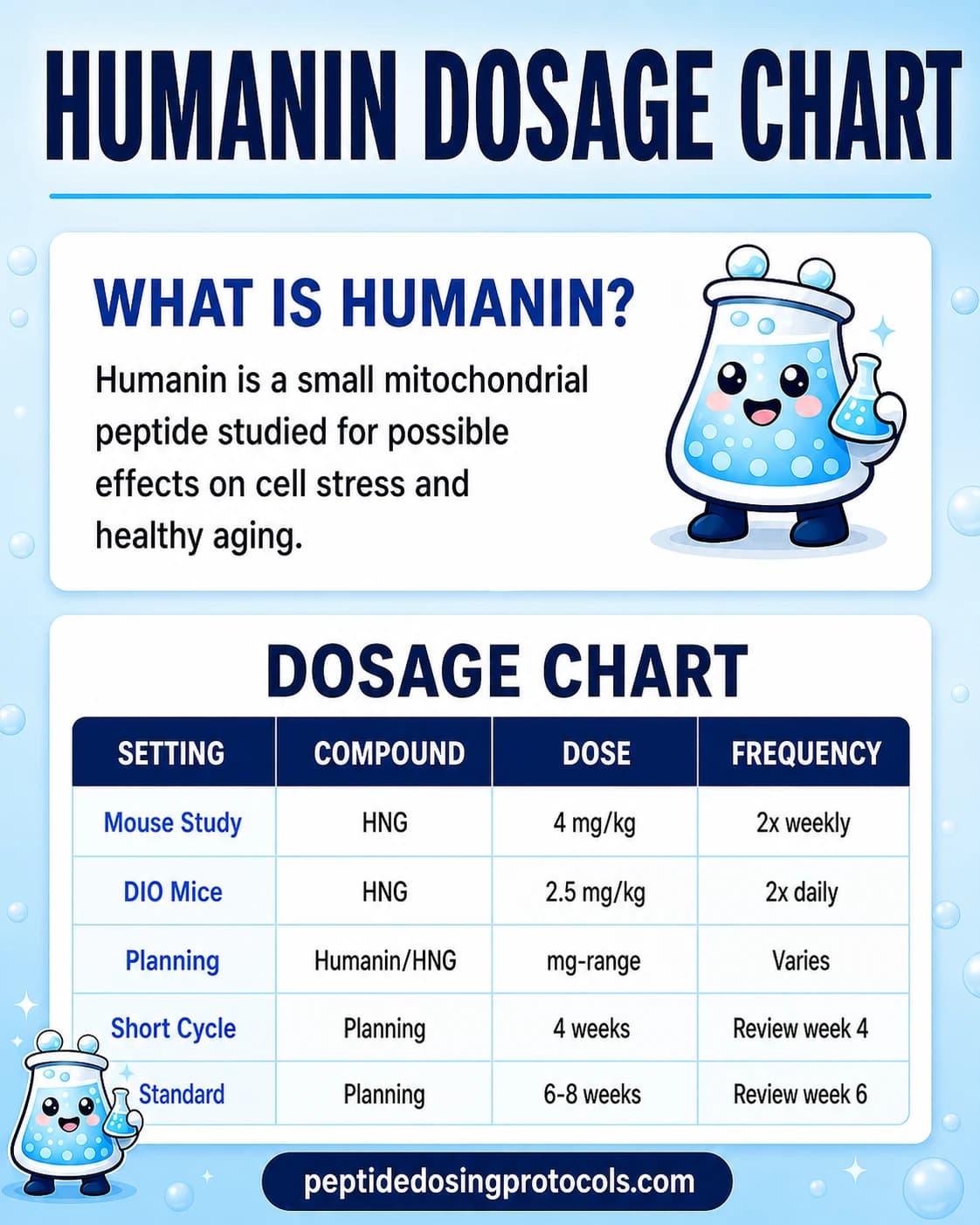 Humanin dosage chart summarizing HNG animal-study dosing and community research-planning cycle ranges.