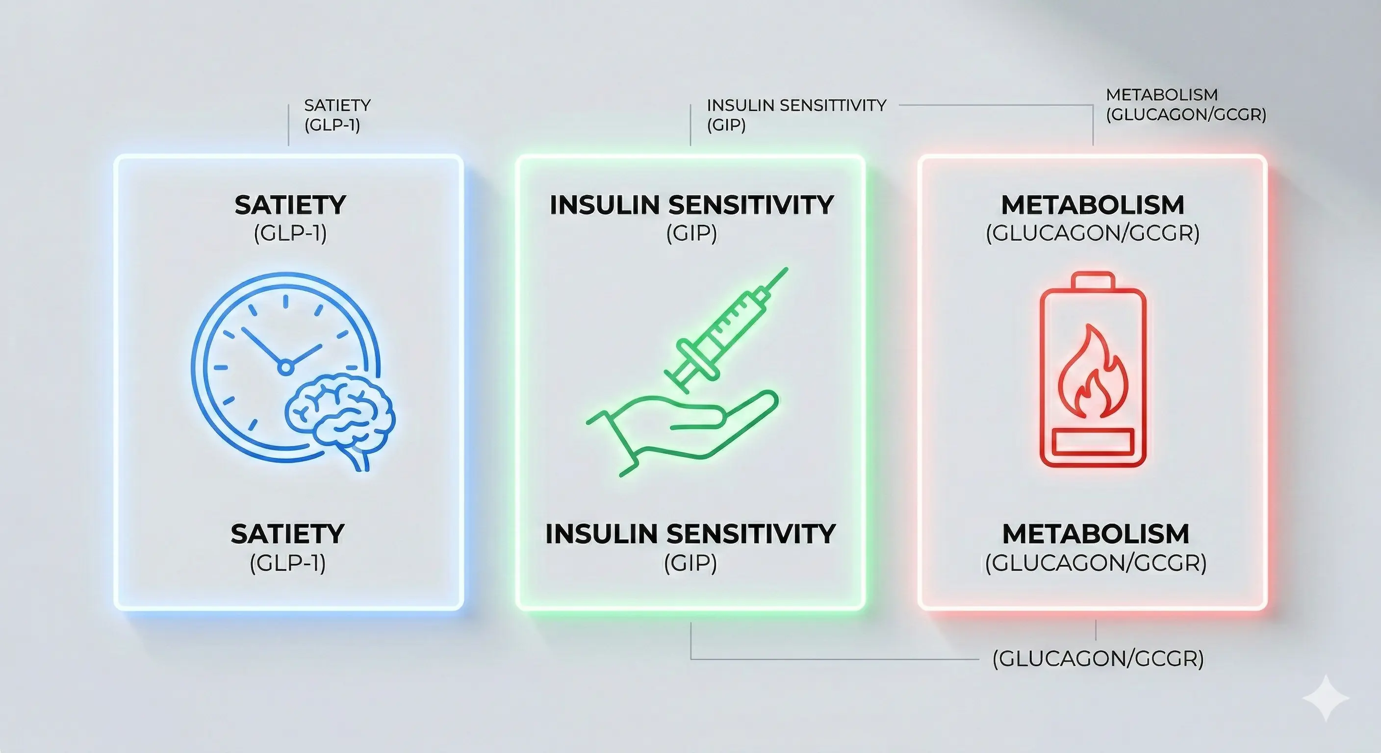 A minimalist, three-panel infographic triptych illustrating the three biological pathways: Left panel (Blue GLP-1) for 'SATIETY'; Central panel (Green GIP) for 'INSULIN'; and Right panel (Red Glucagon) for 'METABOLISM' using glowing line-art icons and minimal bold text callouts on a clean white surface with natural soft light.