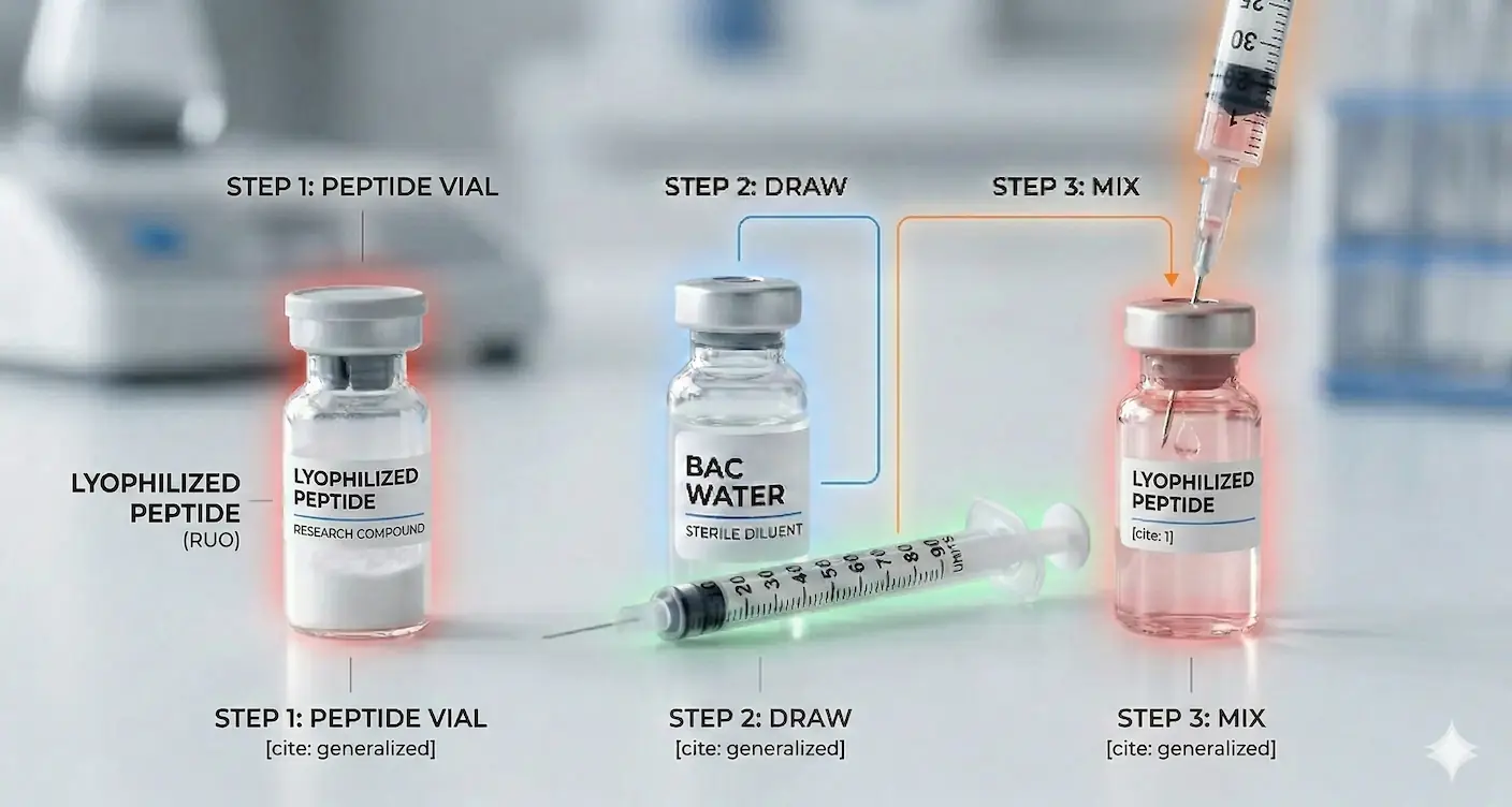 Minimalist photographic close-up sequence illustrating reconstitution guide: step 1 vial, step 2 draw bacteriostatic water and syringe, step 3 mix into vial.