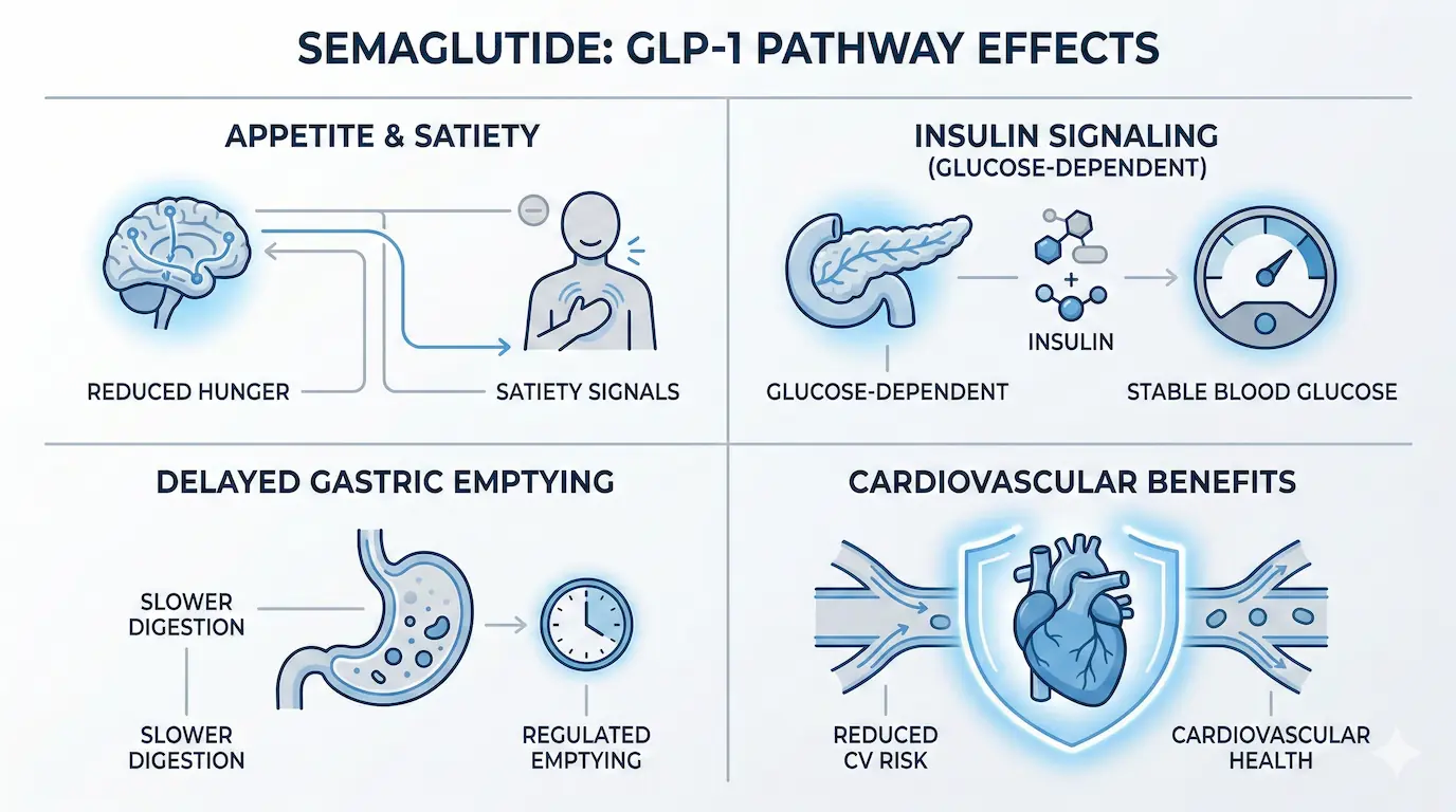 Minimalist infographic illustrating Semaglutide GLP-1 receptor pathways for satiety, insulin signaling, gastric emptying, and cardiovascular outcomes on a clean white clinical background.