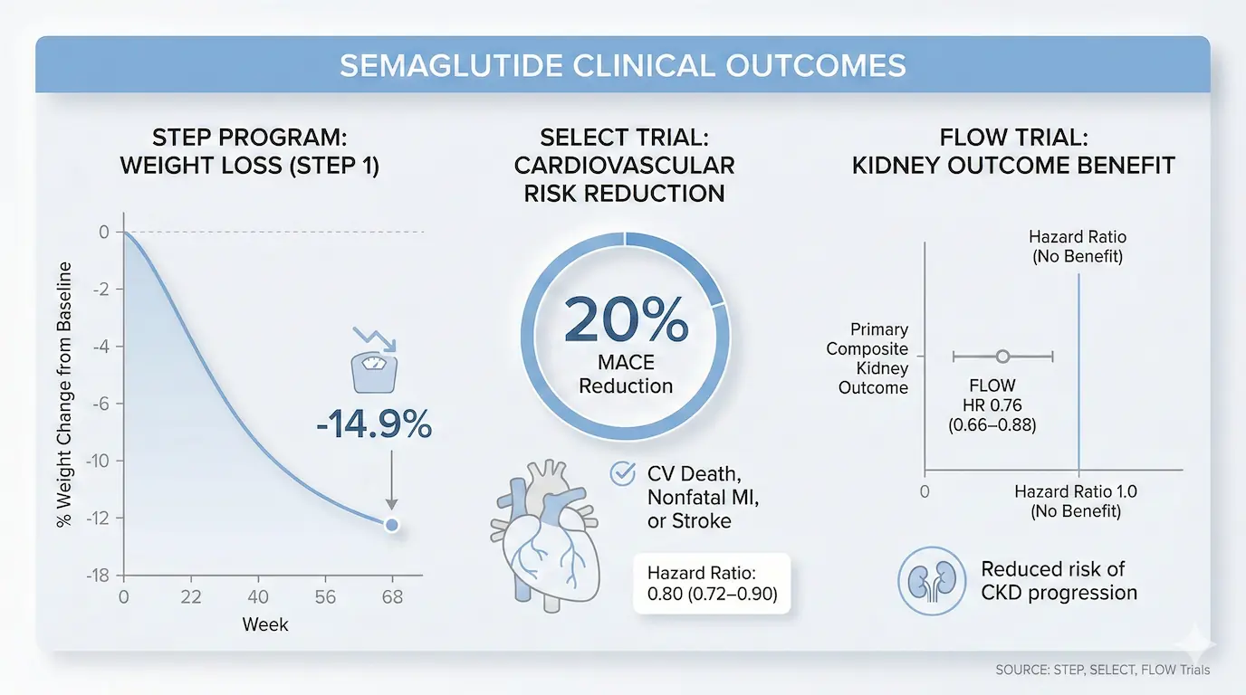 Minimalist clinical outcomes chart for Semaglutide highlighting STEP weight loss, SELECT cardiovascular risk reduction, and FLOW kidney outcomes on a white clinical background.