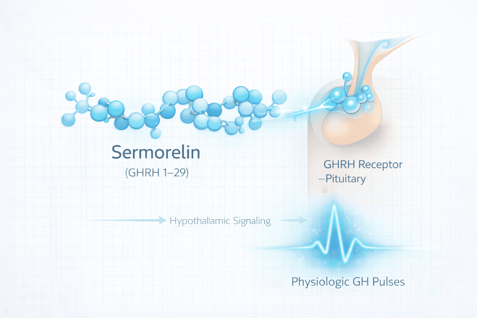 Concept visual of Sermorelin (GRF 1-29) as a GHRH analogue, highlighting molecular profile and physiologic pulsatile growth-hormone signaling context.