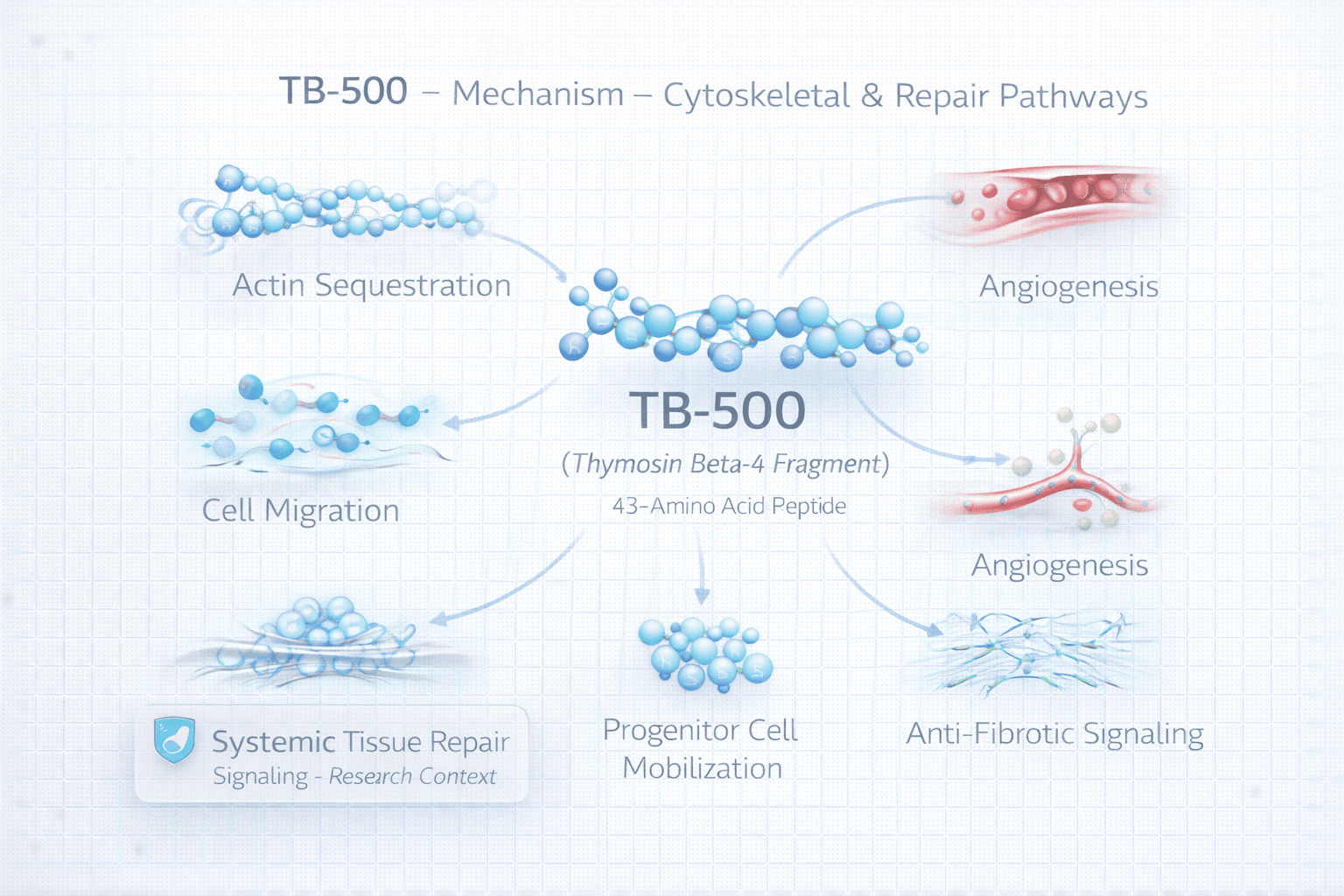 Infographic of TB-500 mechanism showing actin regulation, cell migration, angiogenesis signaling, and regenerative pathway effects.