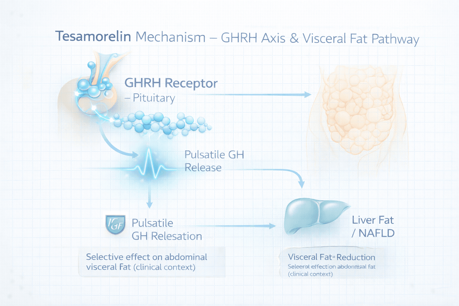 Infographic illustrating Tesamorelin mechanism through pituitary GHRH receptor activation, pulsatile GH release, IGF-1 axis amplification, and selective visceral-fat reduction pathways.