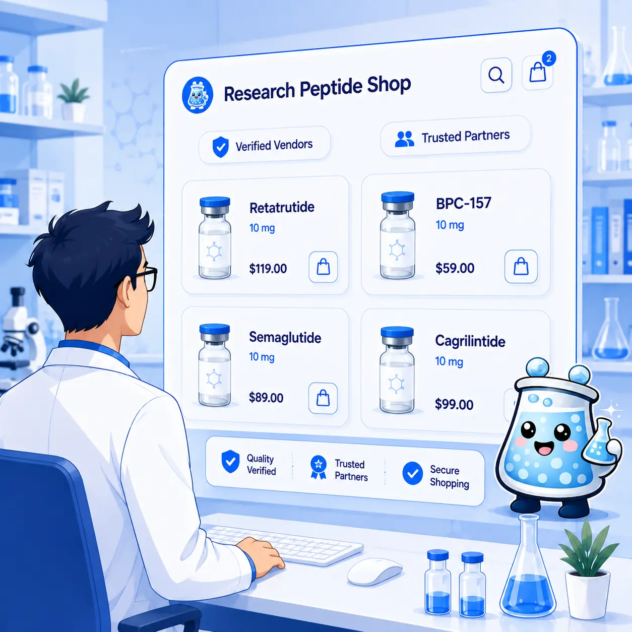 Shop research peptides catalog with verified suppliers, product cards, discount code, and peptide vials