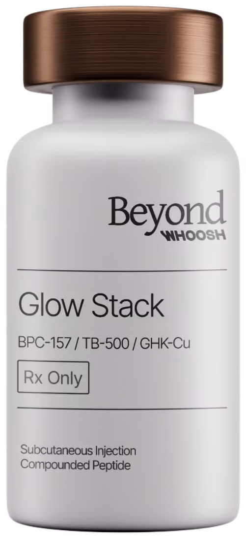 Beyond Whoosh prescription-grade BPC-157, GHK-Cu, and TB-500 GLOW Stack vial