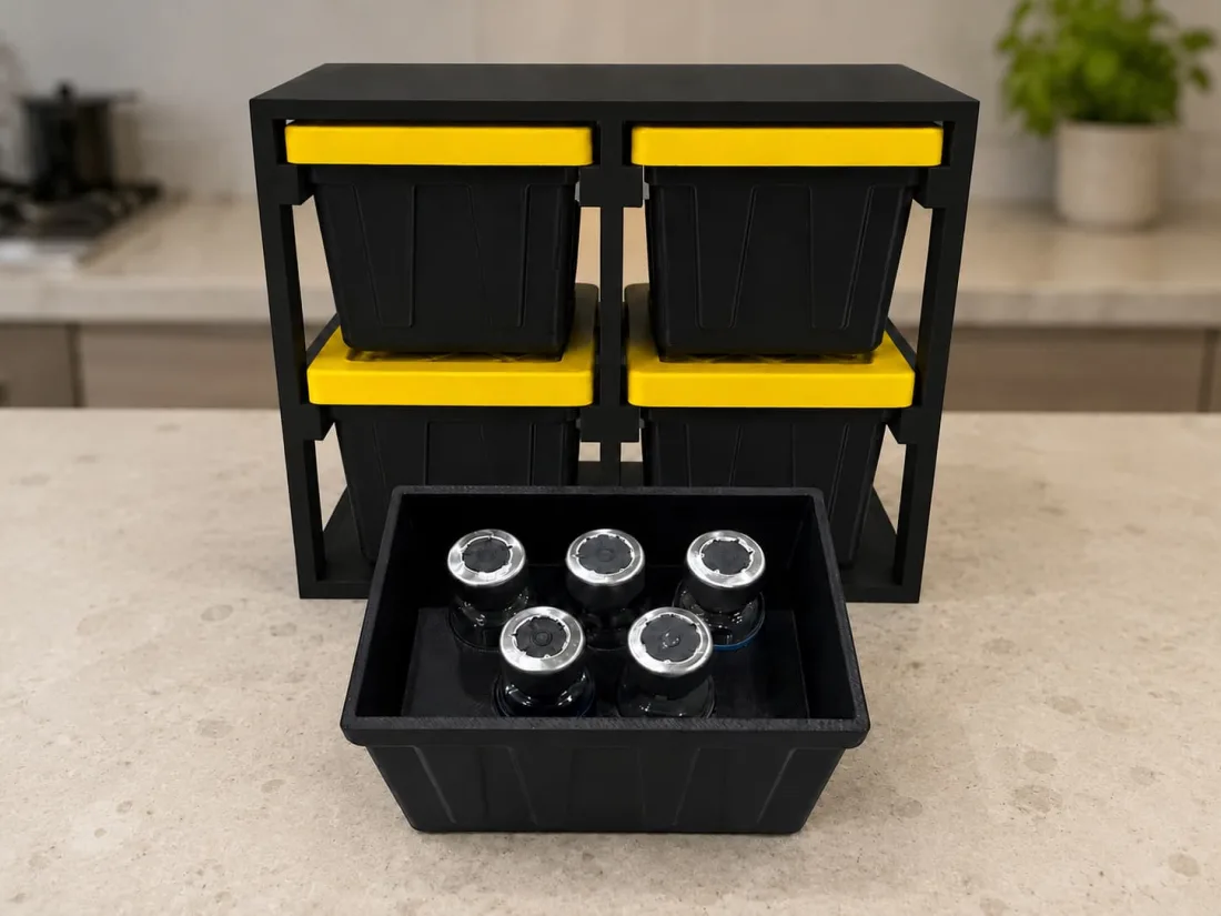 Black and yellow DailyPrintz tote case holding five vials